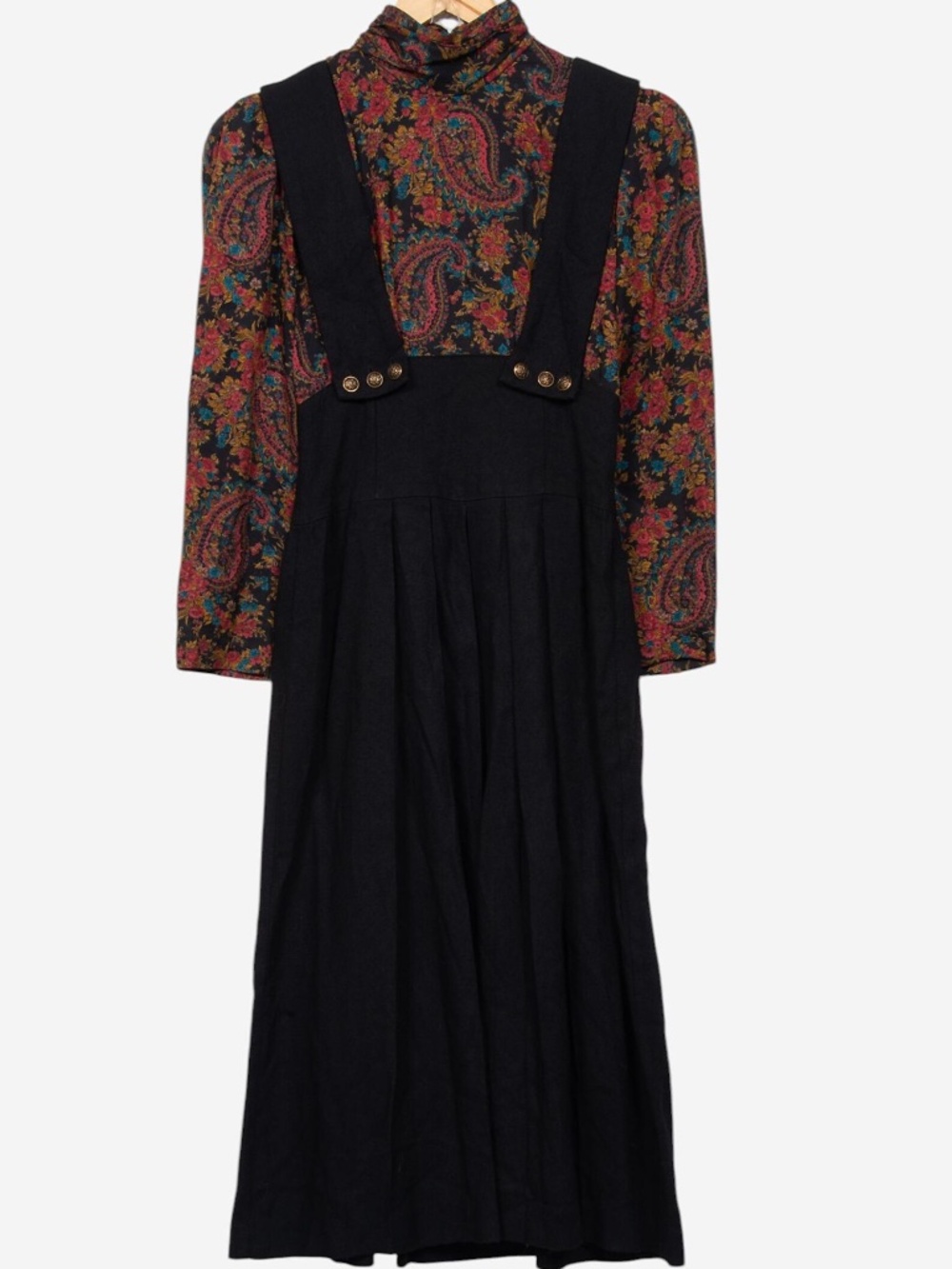 vintage 70s paisley print black bohemian hippie jumper dress size 4